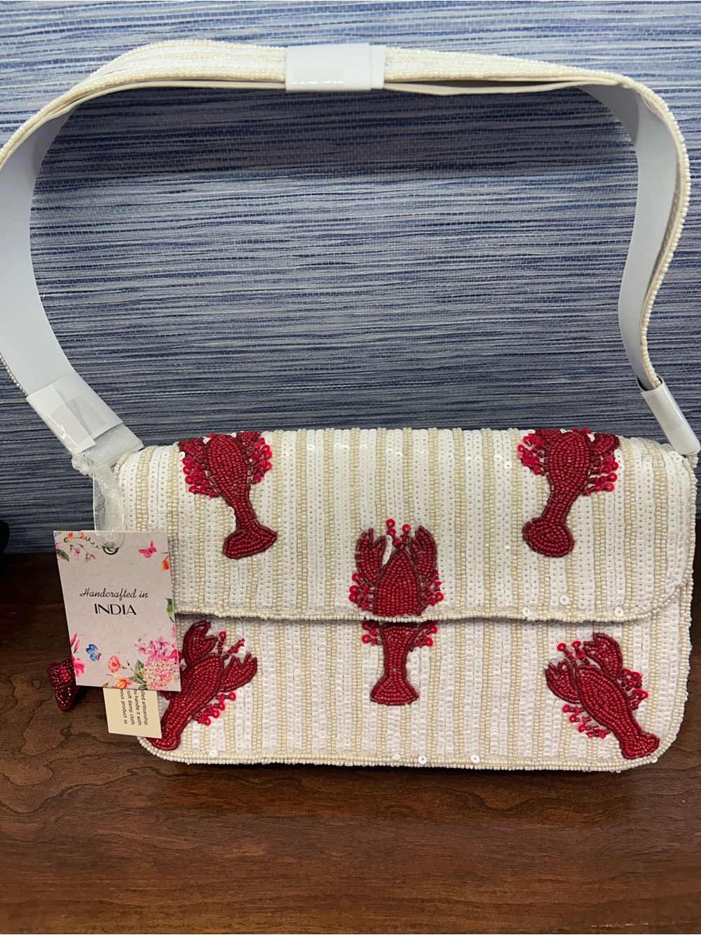 NWT Cream Shoulder Bag with Red Embroidered Lobster beaded viral